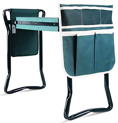Ohuhu Garden Kneeler and Seat, Heavy Duty Garden Stool with EVA Foam Kneeling Pad, Foldable Gardening Bench with 2 Tool Pouches, 2-in-1 Portable Gardening Supplies, for Men Seniors