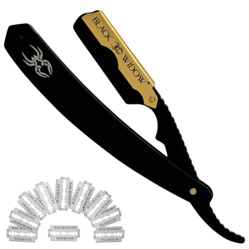 Black Widow Razor, Professional Straight Razor for Men, Barber Straight Edge Razor Safety with 10 Pack Blades (1.5mm Exposure) (Gold)